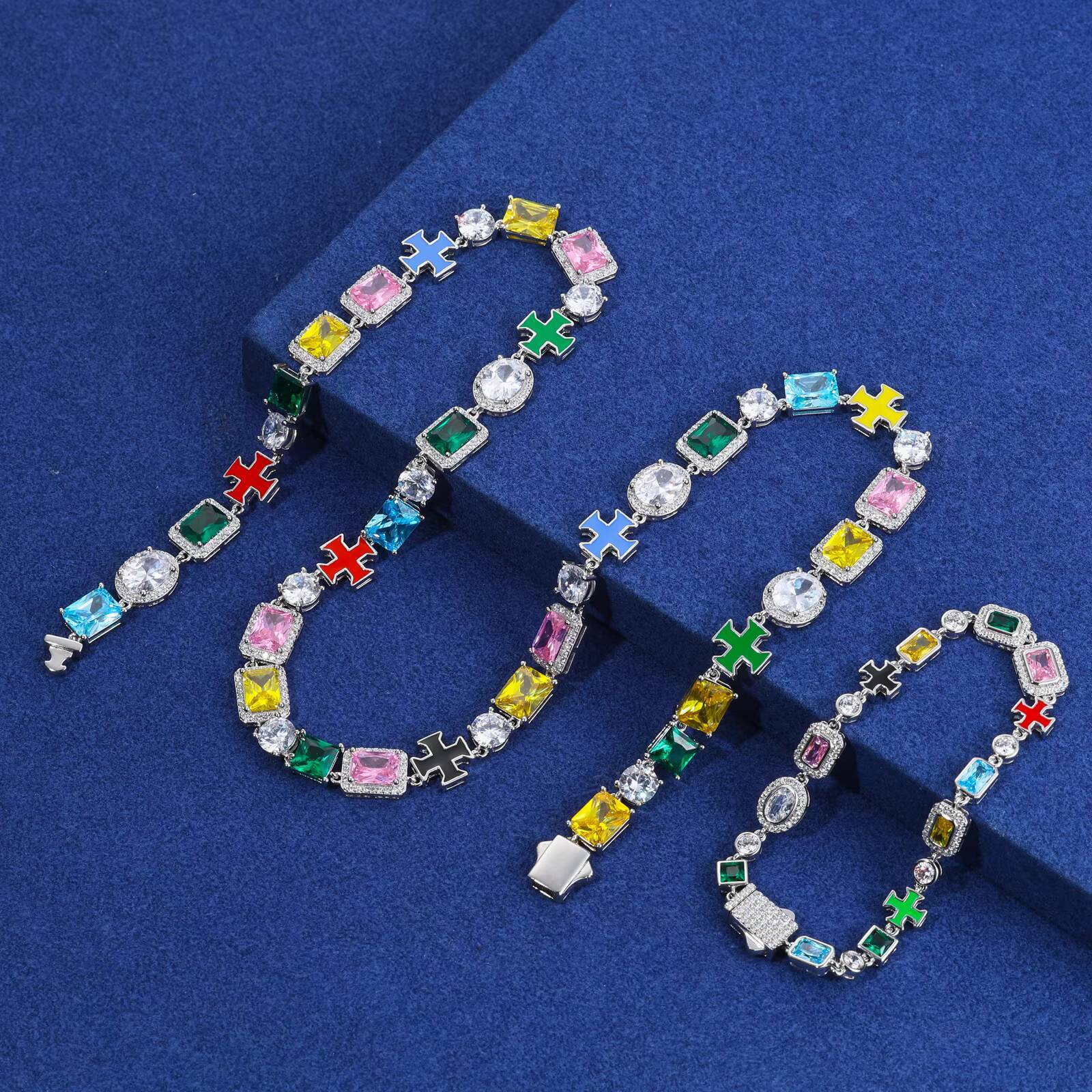 Fashion Jewelry 10mm 925 Sterling Silver White Moissanite Diamond Enamel Plated Cross Mix Colorful Zircon Link Chain for Party