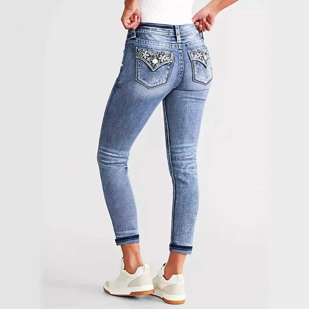 Embroidery Jeans Women High Waist Vintage Stretch Denim Pencil Pants Pockets Ankle Length Trousers Slim Denims 2024 Streetwear J251031