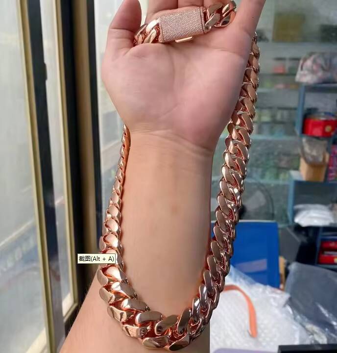 Rose Gold Miami Cuban Link Chain Solid Brass Hip Hop Cadenas De Oro Rosa Necklace Bold Streetwear Jewelry for Moissanite Anniversary