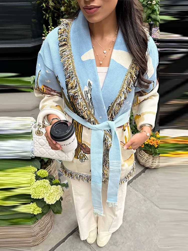 Print Knitted Tassel Short Sweater Women Vneck Full Sve Lace Up Cardigan 2025 Autumn Ele Female Daily Casual Outerwear W251031