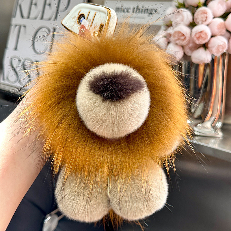 Animal Plush Keychain, Fluffy Keychain: Real Rex Rabbit Fur Simba Lion Bag Charm, Car Key Ring Ornaments, Kids Birthday Gift TUES