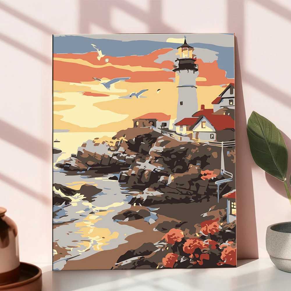 Painting By Number Kits Sunset Lighthouse Scene Seascape Coastal DIY Digital Oil Painting Landscape Coloring Artcraft Handpaint C251031