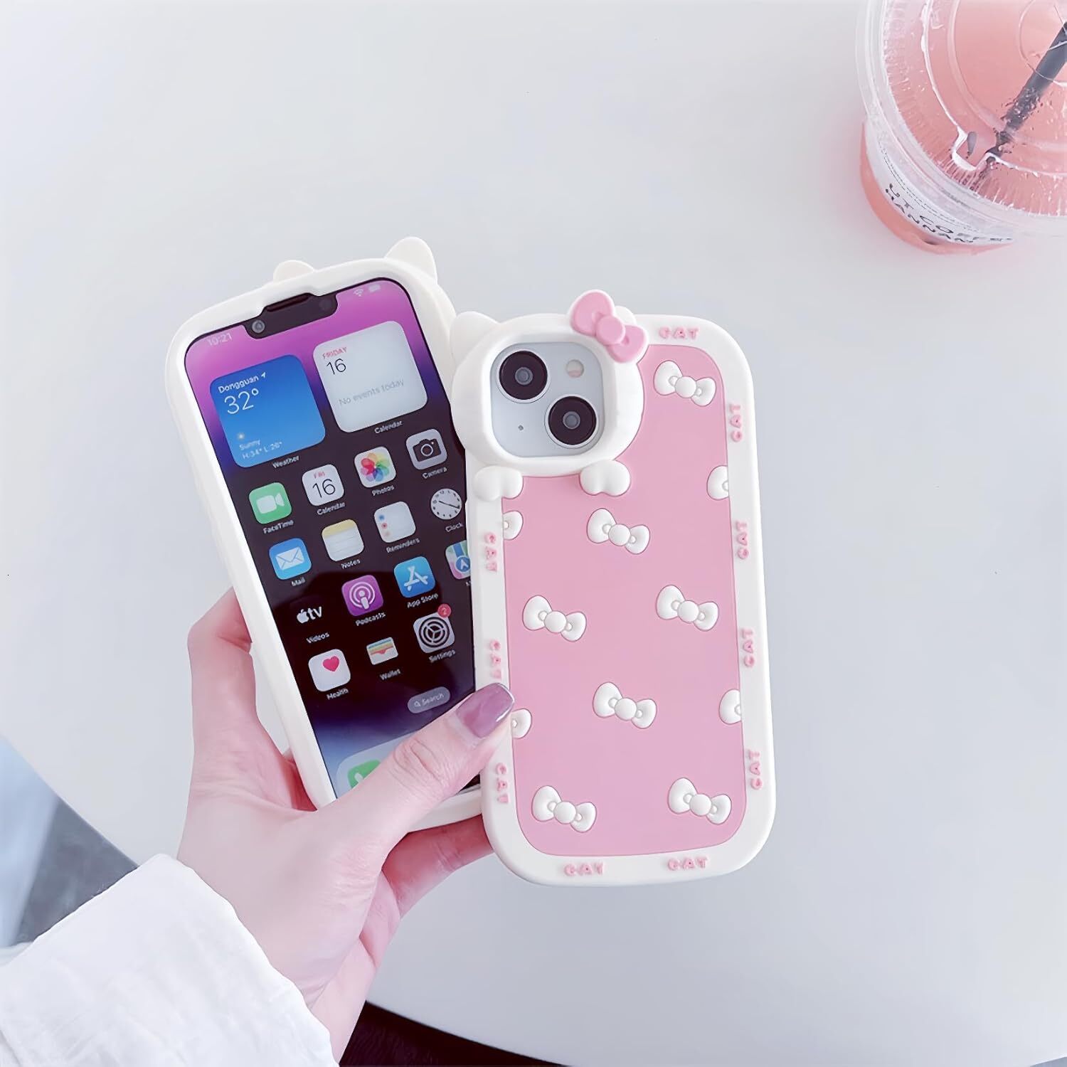 Sanrio custom Hello Kitty AUCAN Cute Silicone 14 6.1"& iPhone 13 6.1", Pink Kawaii Soft Funny Cover, Shockproof Classic Cat Bow Cellular Pho