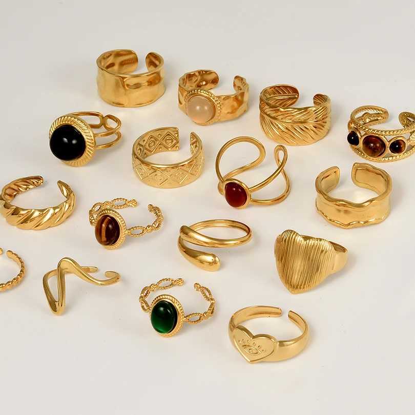 1pcs Classic Tiger Eye Real Stone Open Adjustable Stainless Steel Rings For Women Men Accessories Gold Color Finger Jewelry RingXJ251031