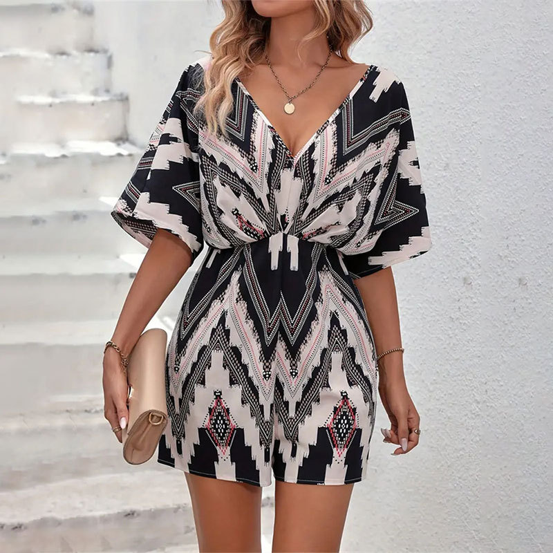 Women's printed V-neck jumpsuit loose fit with back strap bow top for women