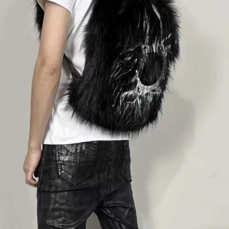 Vintage Print Fluffy Backpack Personality Y2k Aesthetic Fashion Schoolbags Women Casual Harajuku Streetwear All Match Backpacks W251031