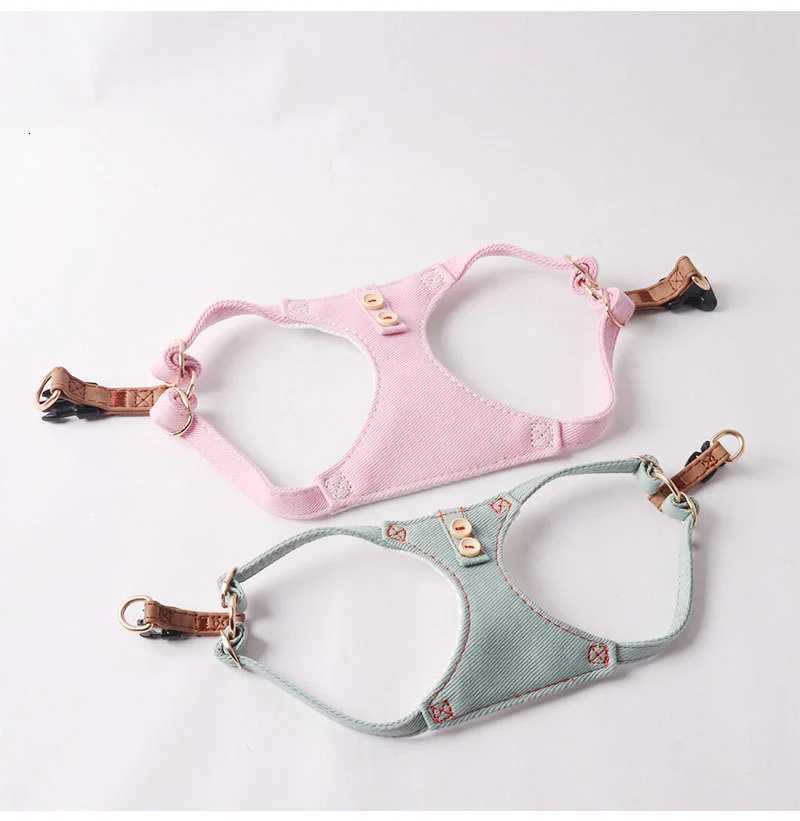 Cotton Denim Dog Harness Pet Leash Set Adjustable Breathable Chest Harness with Decorative Snaps for Small Breeds C251031