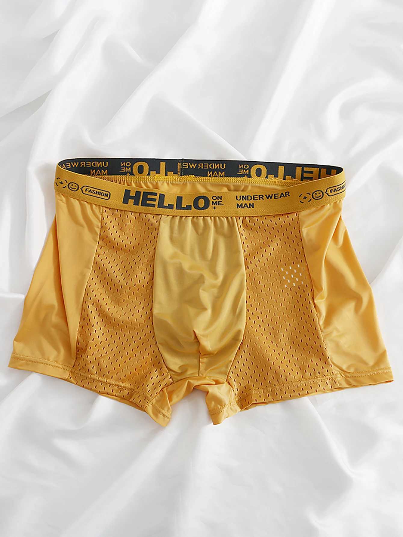 6Pack Mens Ice Silk SemiMesh Boxers HELLO Waistband Breathable VarietyT251031