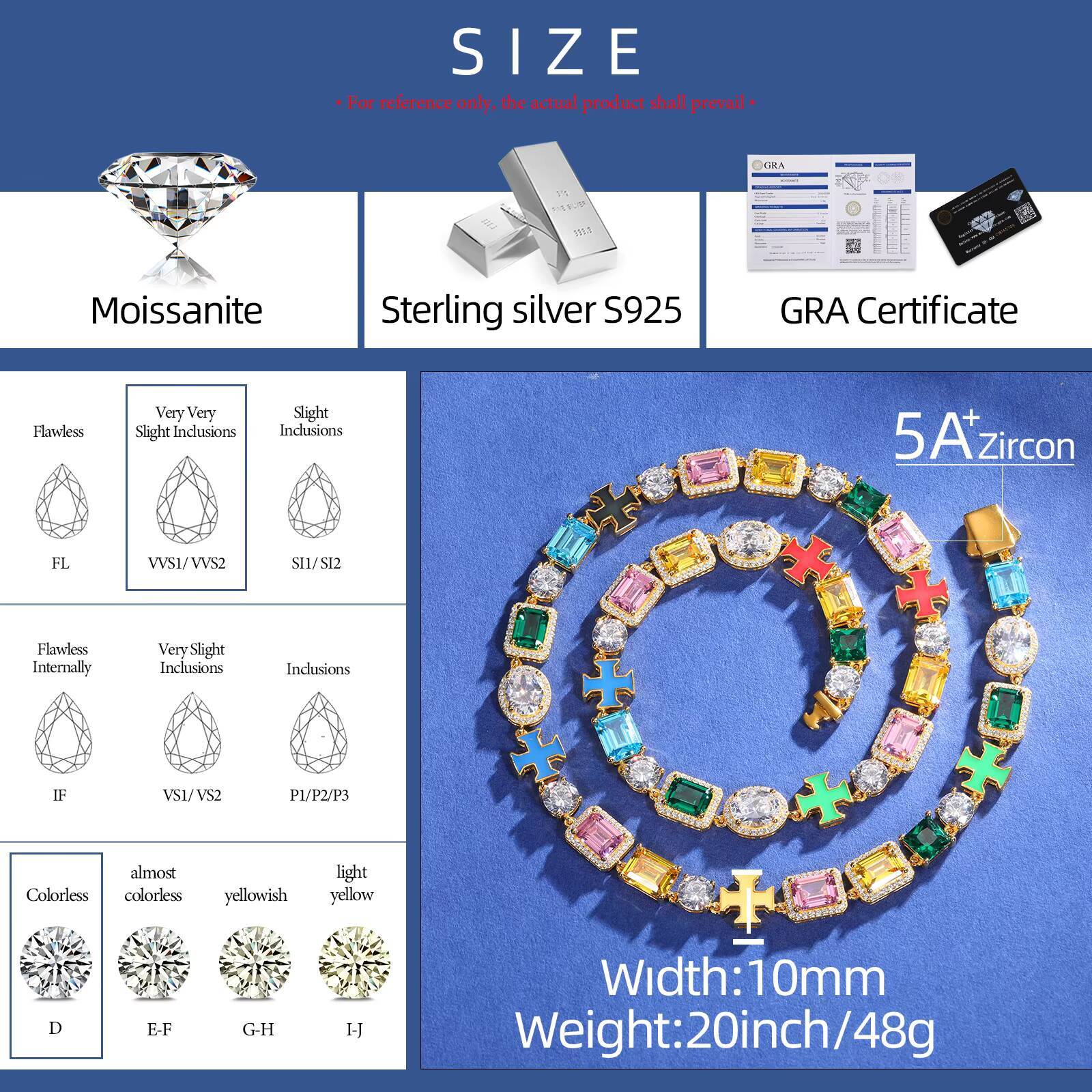 Fashion Jewelry 10mm 925 Sterling Silver White Moissanite Diamond Enamel Plated Cross Mix Colorful Zircon Link Chain for Party