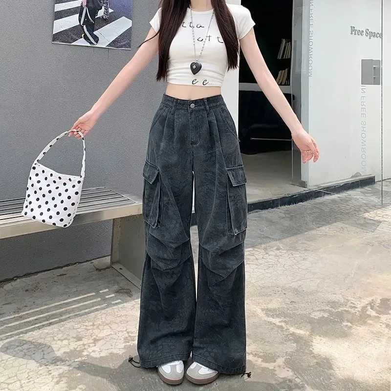 Womens Jeans Cargo Loose Fit Multiple Pockets Autumn Winter Streetwear American Retro Faded Camouflage Print Wide Leg Pants J251031