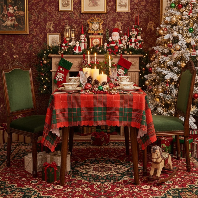 Retro plaid fabric rectangular white Christmas tablecloth with red and green decorative placemat HFQW01