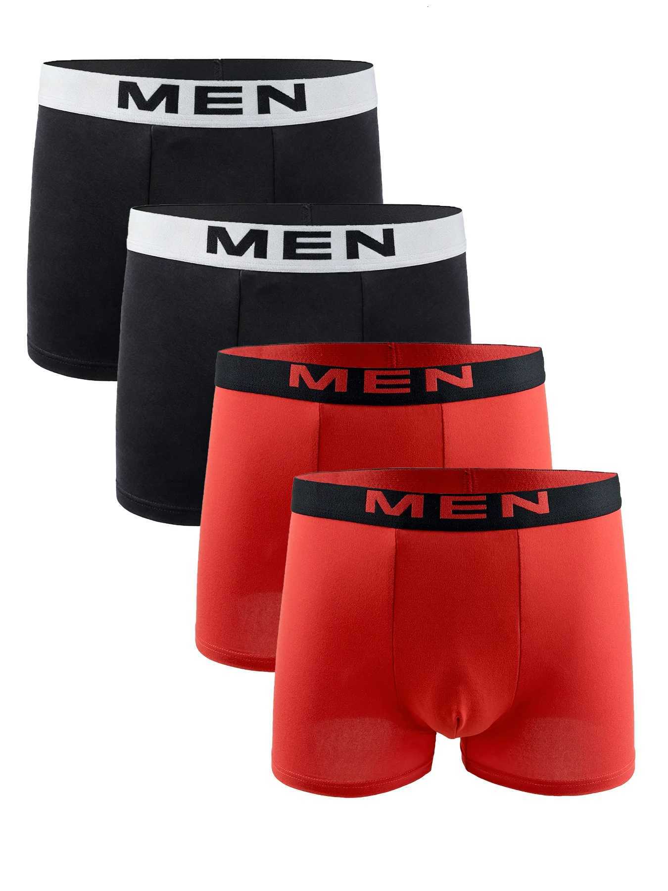 Mens 4Pack Polyester Boxer Briefs MEN Waistband Black Red Underwear SetT251031