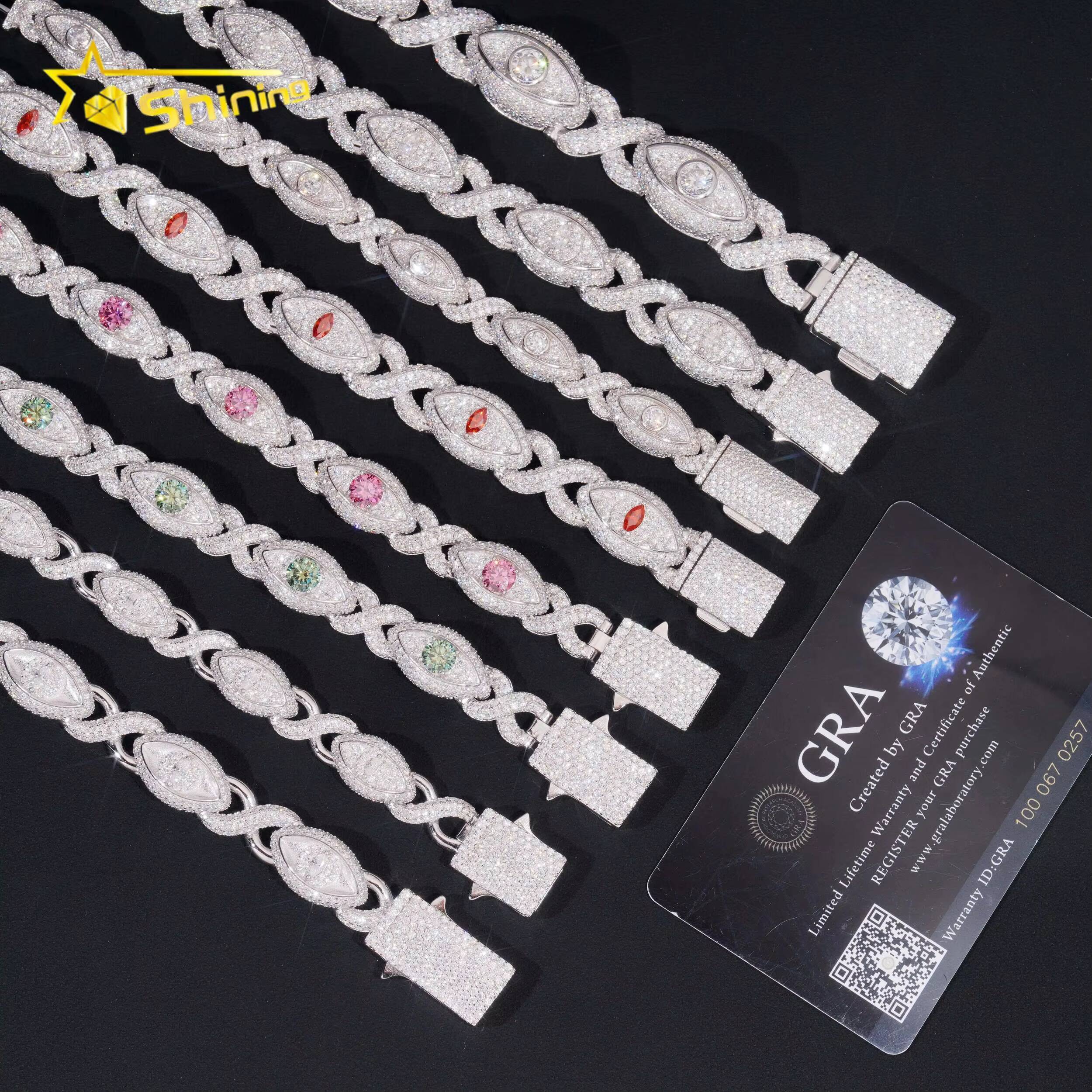 Hot Selling Iced Out Jewelry 925 Sterling Silver Hip Hop Color Moissanite Eye Infinity Link Cuban Bracelet