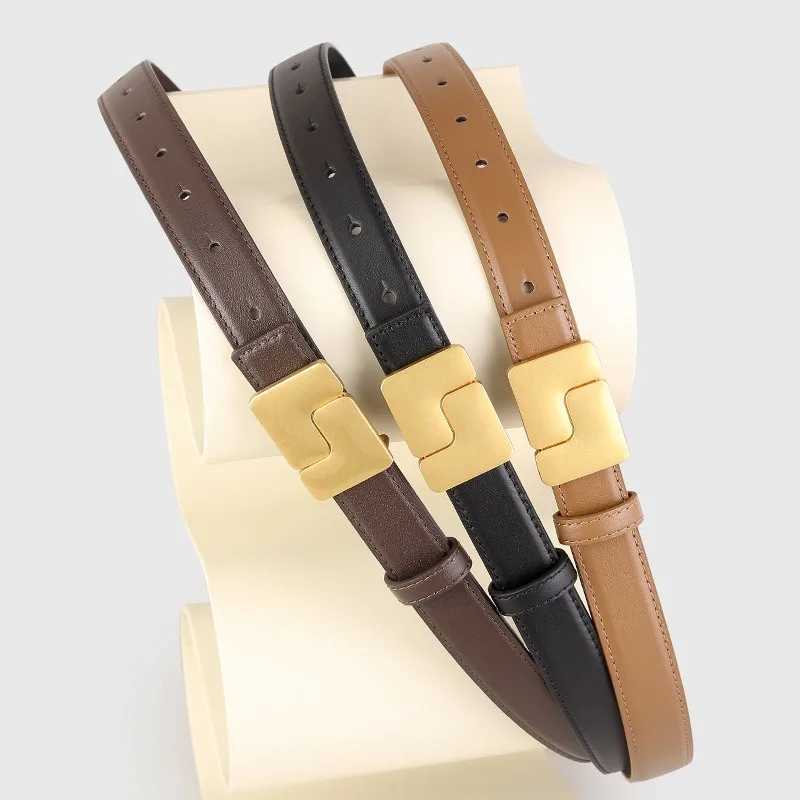 Womens Korean Style Genuine Leather Cummerbunds Female Dress Corsets Waistband Belts with Gold Buckle Decoration Narrow BeltW251030