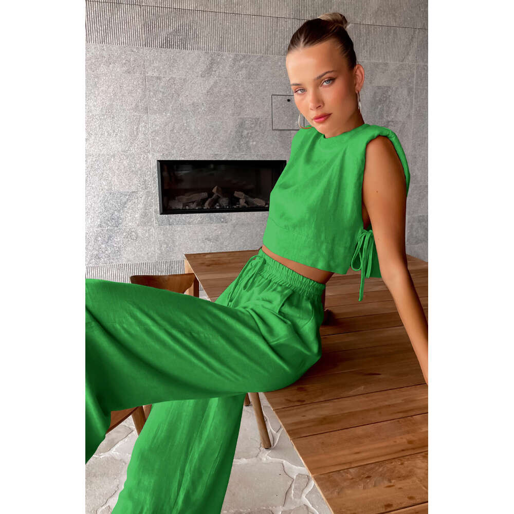 2025 Fashion Cotton Linen Suit Women's Summer Padded Shoulder Sleeveless Top Long Pants Two-Piece Set European And American Casual Women dc53