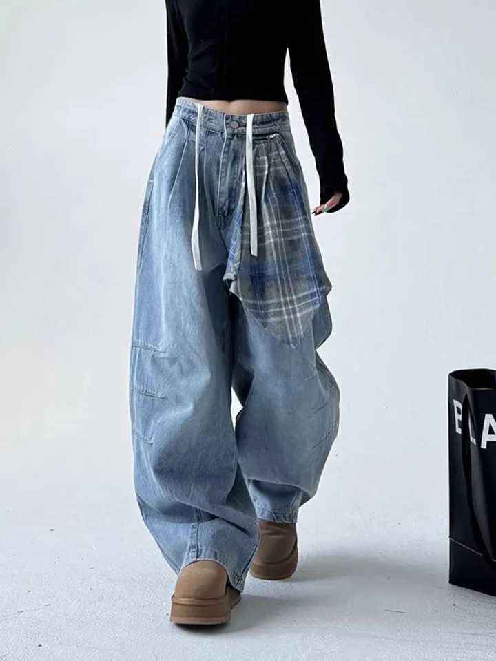 Vintage Streetwear Women Jeans Plaid Square Scarf Patchwork Wide Leg Denim Pants Loose Street Dance Lace Up High Waist Trouser J2510311
