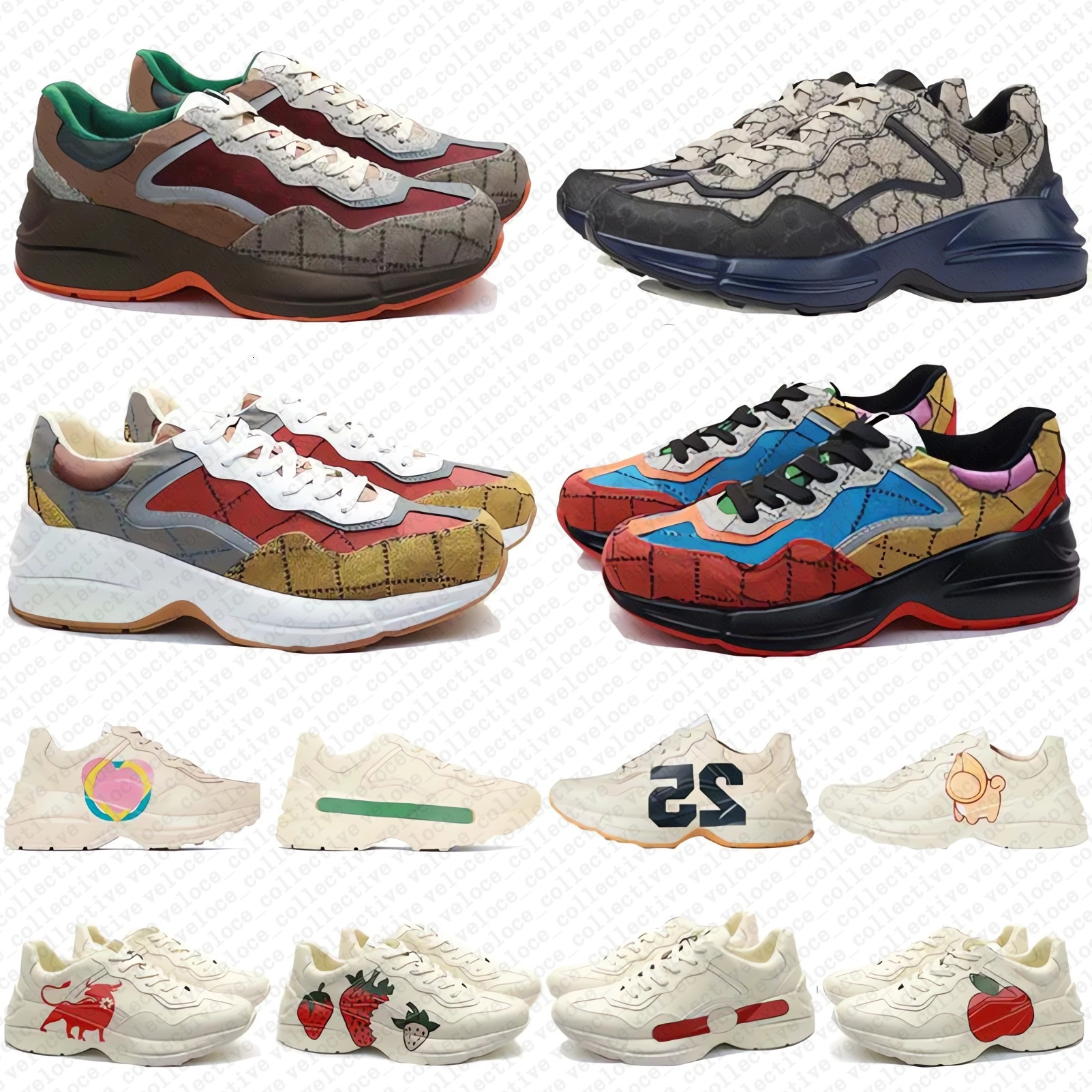 Designer Sneakers Rhyton Vintage Shoes Luxury Leather Printed Sneaker Mens Womens Runner Platform Shoe Outdoor Sports Beige Canvas Treated Trainers 35-45