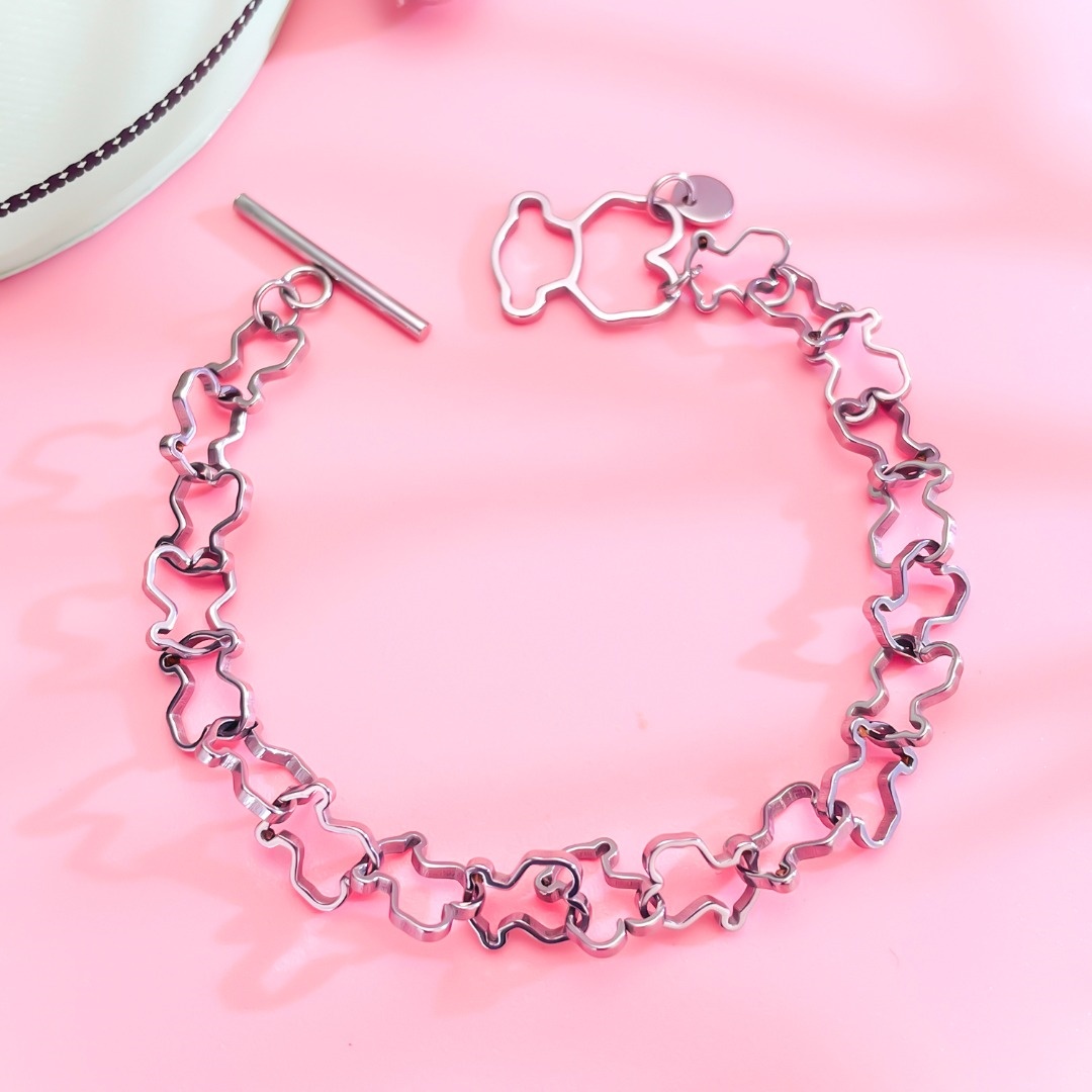 New Fashion Women Men Silver Gold Stainless Steel Span Bear Hollow Animal Chain Pink Bead Bracelets Jewelry Pulsera A Gift