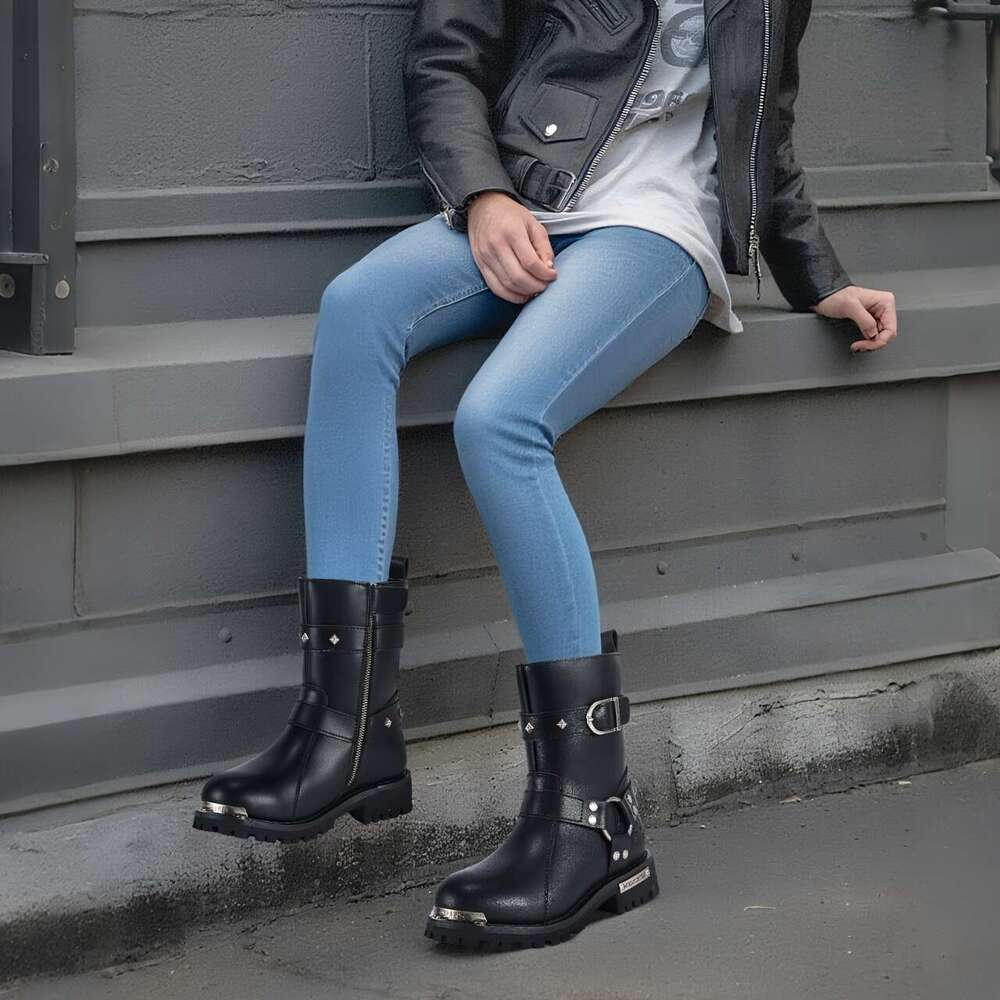 Women's PU Leather Harness Motorcycle For Riding, Waterproof Studded Biker Boots With Side Zipper & Buckle, Black Engineer Combat Mid-Calf Footwe