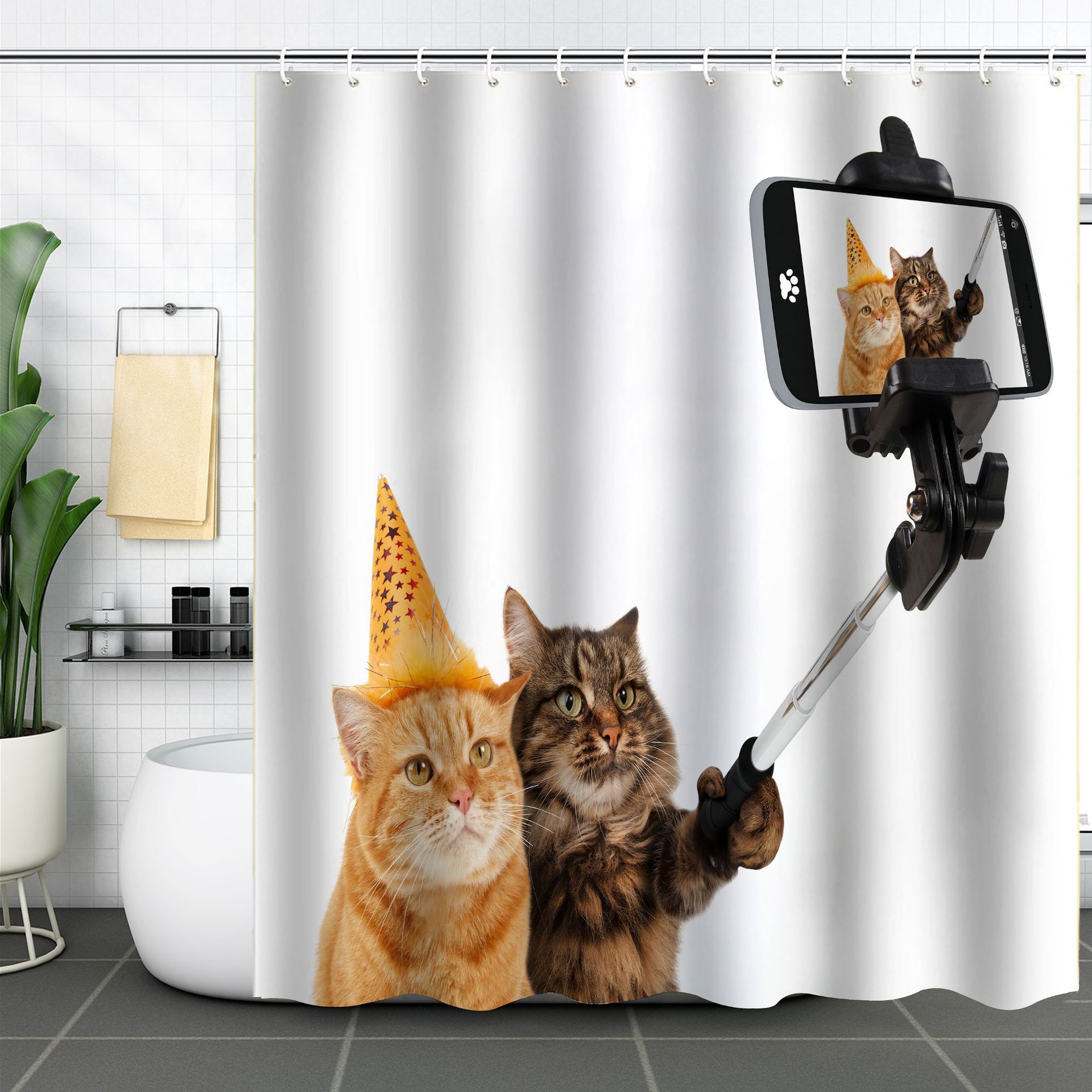 YL-37600 3D Digital Shower Curtain for Kitty Bathing, Bathroom Dry and Wet Separation, Polyester with Hooks, Isolation Curtain