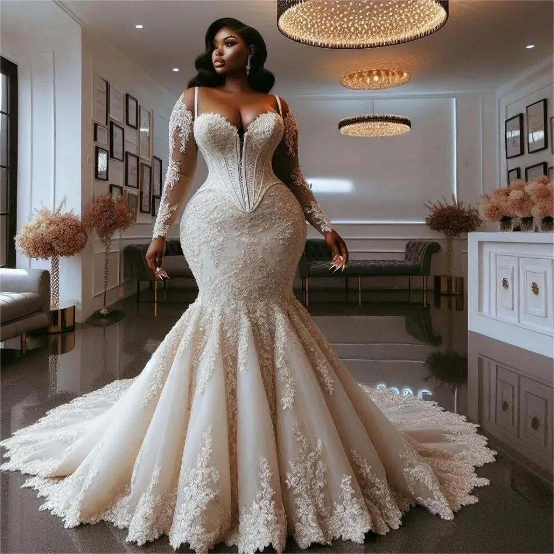 Wedding Dress Oversize Plus Size Full Sleeves Lace Court Train Vintage Bridal Gowns Dresses