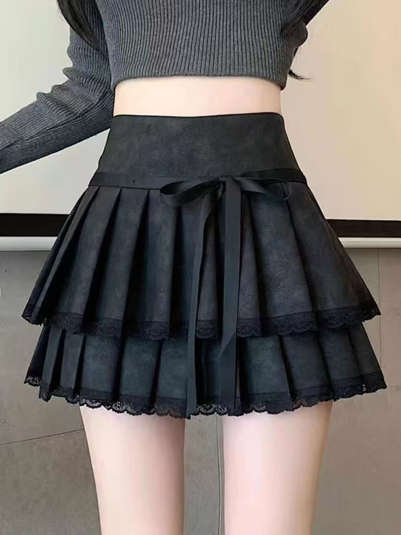 Women's Pleated Cake Skirt with Bow Tie, Lace Trim, High-Waisted Short Skirt for Women, Slimming & Heightening, Fashionable Lolita Style Mini Ski