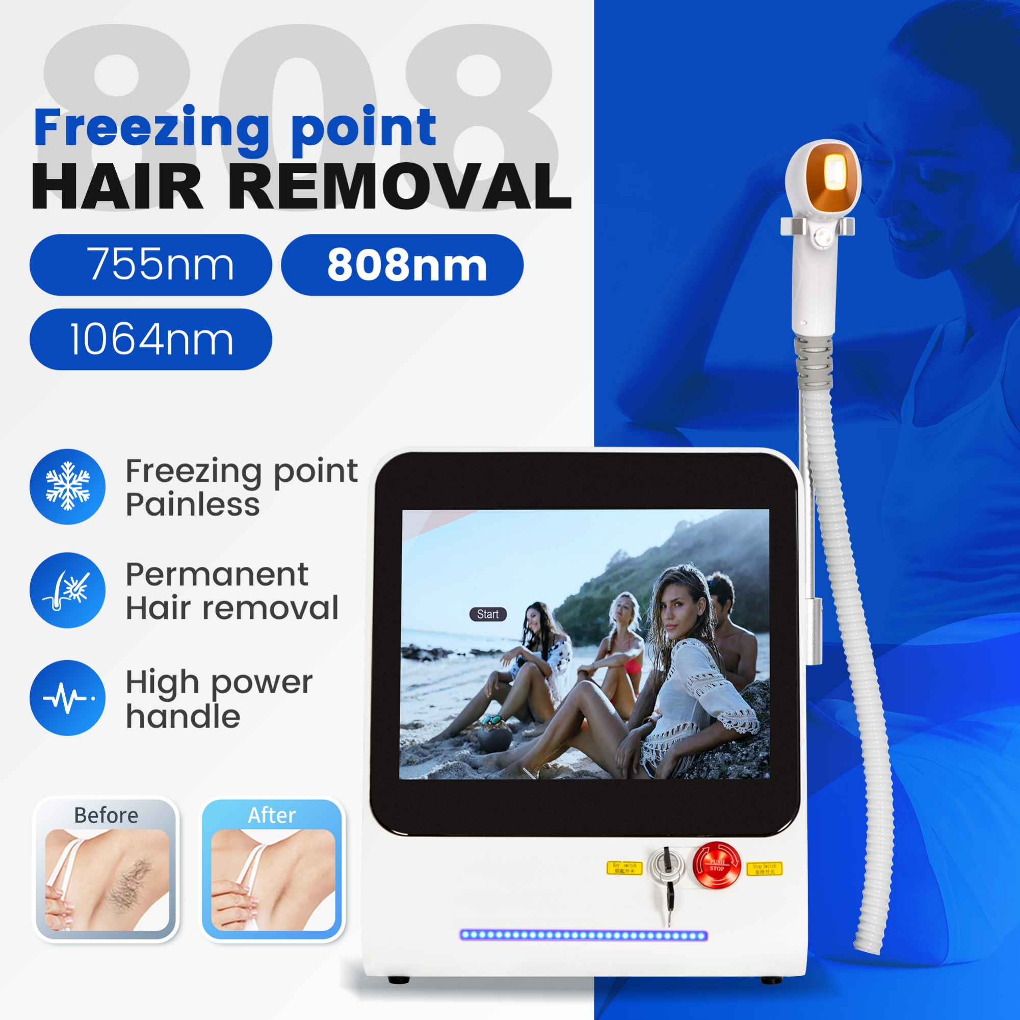 Triple Wavelength Diode Laser Hair Removal Machine Ice Cooling Handle Professional Salon Equipment Painless Permanent Hair Removal