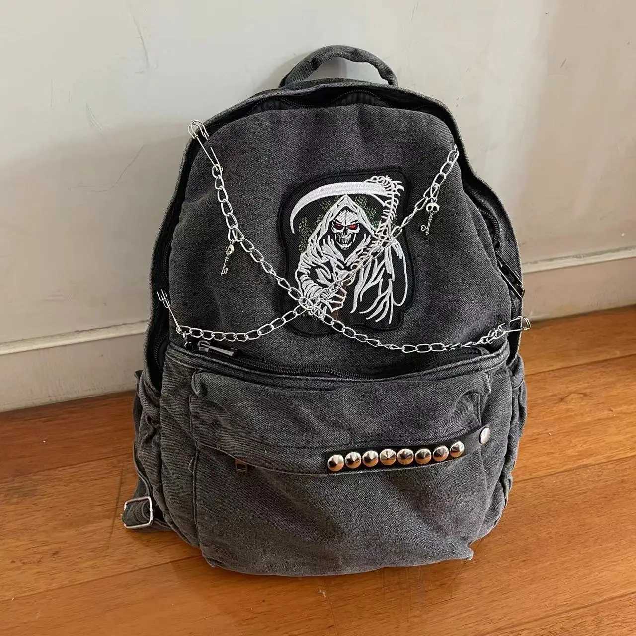 Woman Man Y2K Denim Backpack Harajuku Large Capacity Student Schoolbag Teenagers Punk Backpacks Travel Vintage Book Bag W251031