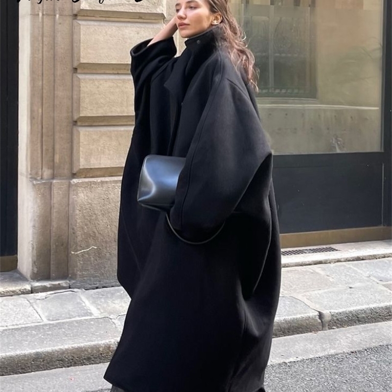 Chic Stand Collar Long Woolen Coat Women Puff Sleeve Single Breasted Loose Warm Overcoat 2025 Autumn Winter Lady Outwear 251030