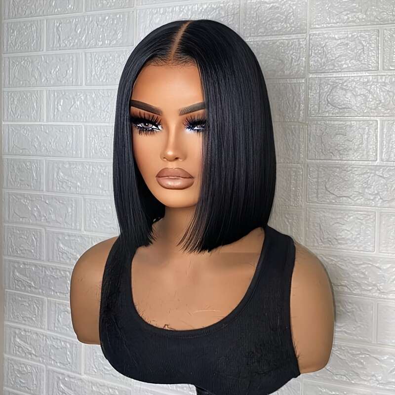 13X4x1 12/14/16 Inch Matte Black Bob With Bangs - Heat Resistant Synthetic Hair, 130% Density Straight Wig Women & Men, Natural Look For All Ethnicities, Lace