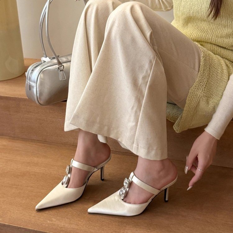 Elegant Leather Mules Pointed Toe Stylish Rhinestone Embellished High Heel Sandals Sophisticated Party Evening Shoes Footwear250910