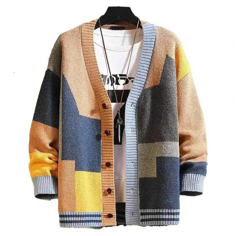 Plus Size Men Sweater Coat Knitted Thick Colorblock Cardigan Singlebreasted Mid Length V Neck Patchwork Male Sweater LooseT251031