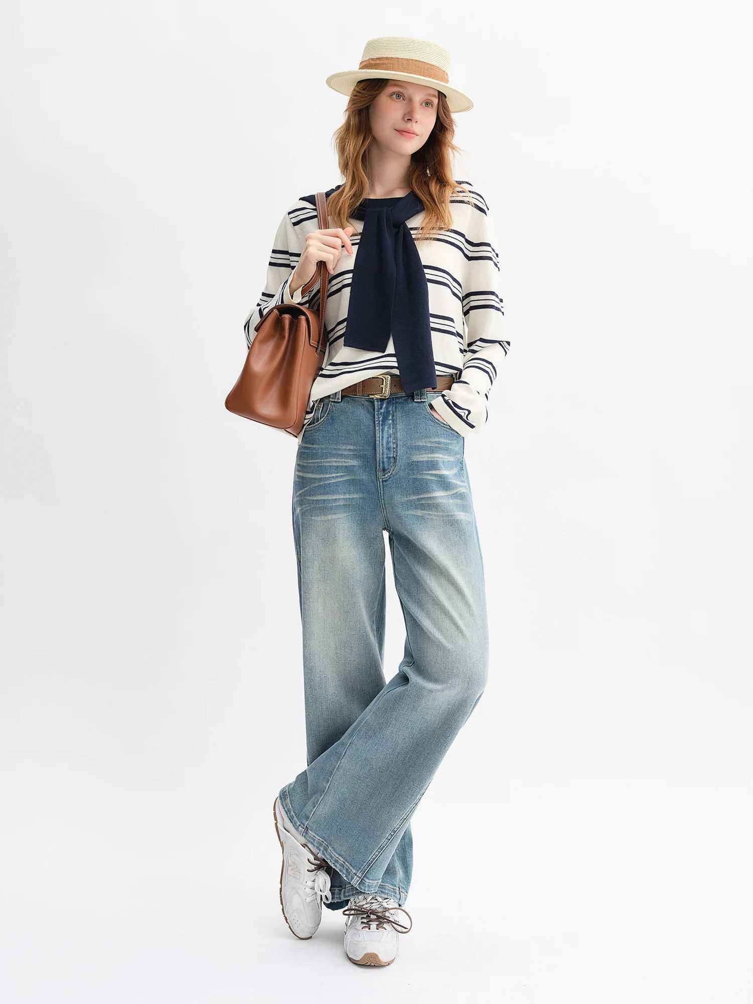 DUSHU Plus Size Design Sense Retro Washed Blue Straight Jeans High Waist Drape Slim Wide Leg Pants 2025 New Arrival 25DS83034 J251031