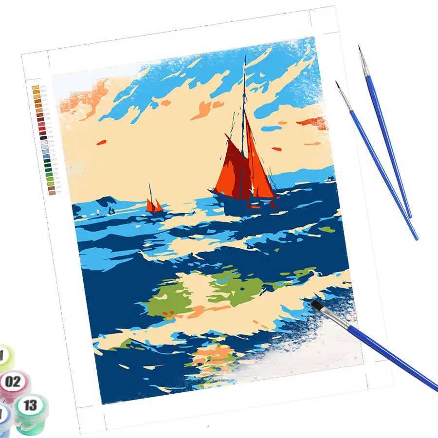 HUACAN Painting by Number Kits Sunset Sailboats Ocean Scenic Landscape Set DIY Oil Painting Scenery Artcraft Handpaint Decor C251031