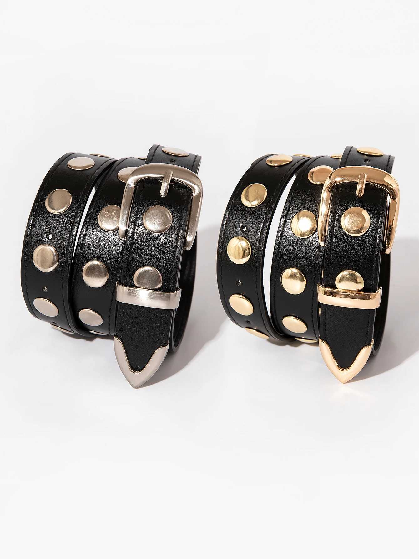 Womens gold and silver punk y2k round rivet pin buckle belt for jeans a versatile decorative belt suitable for daily travelW251030