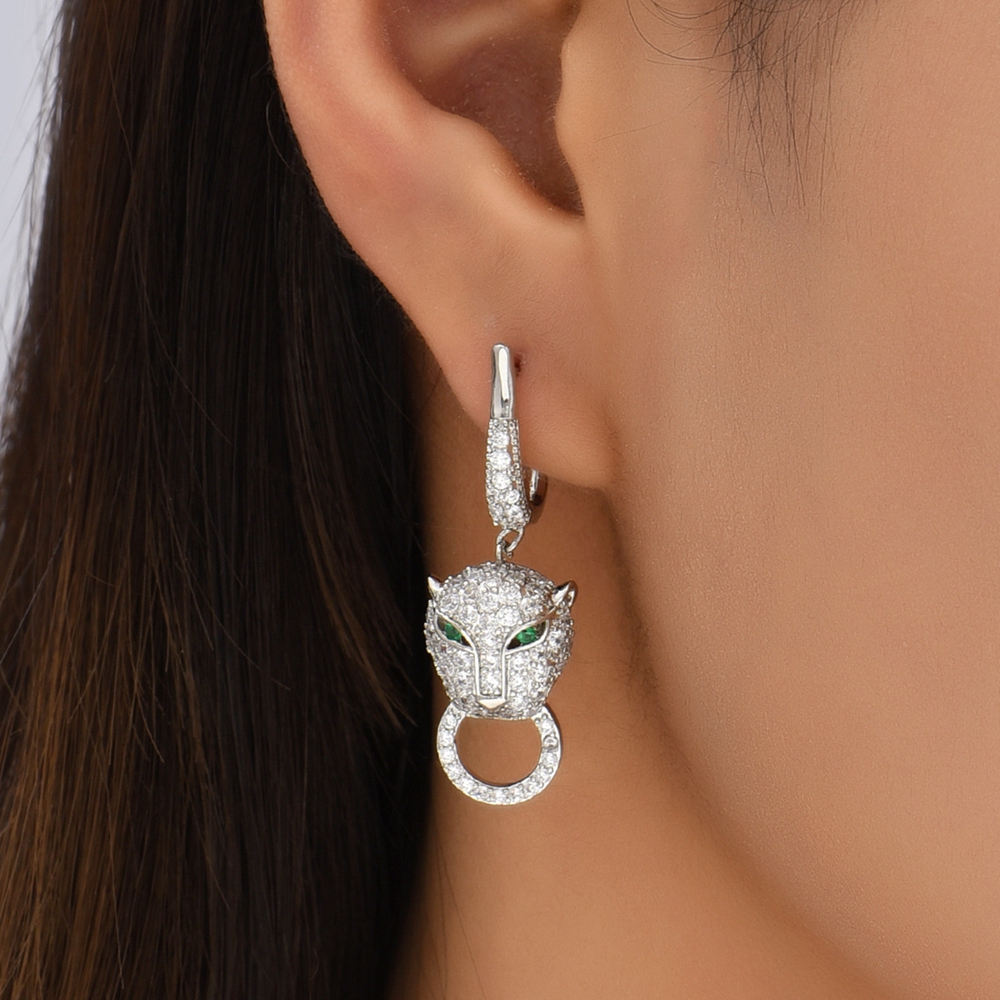 Earrings Fine Jewellery Green Eyes Leopard Animal Stud with Paved Cubic Zirconia Steel Needle for Party Wear Special Occasion Gift High Quality Textur
