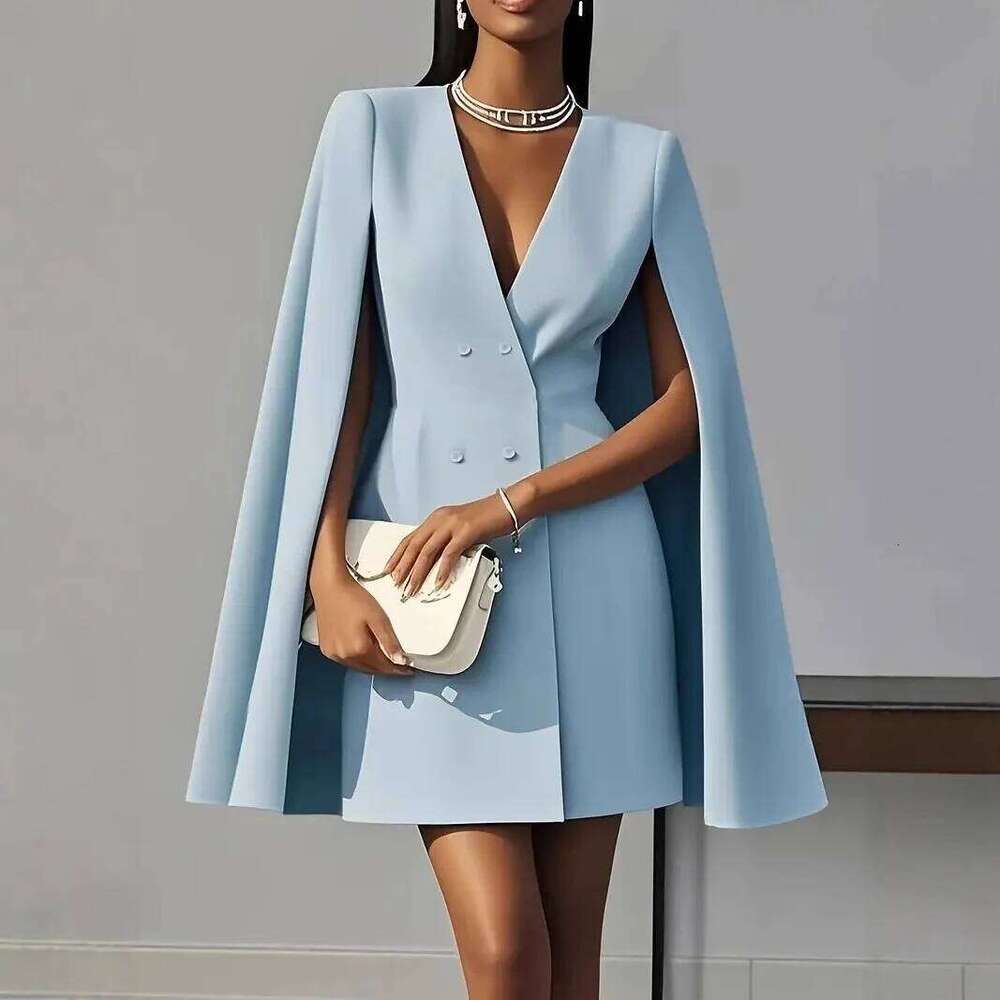 Women Fashion Commuter Solid Blazers Office Double Breasted Waist Party Elegant V Neck Shawl Cape Sleeve Dress