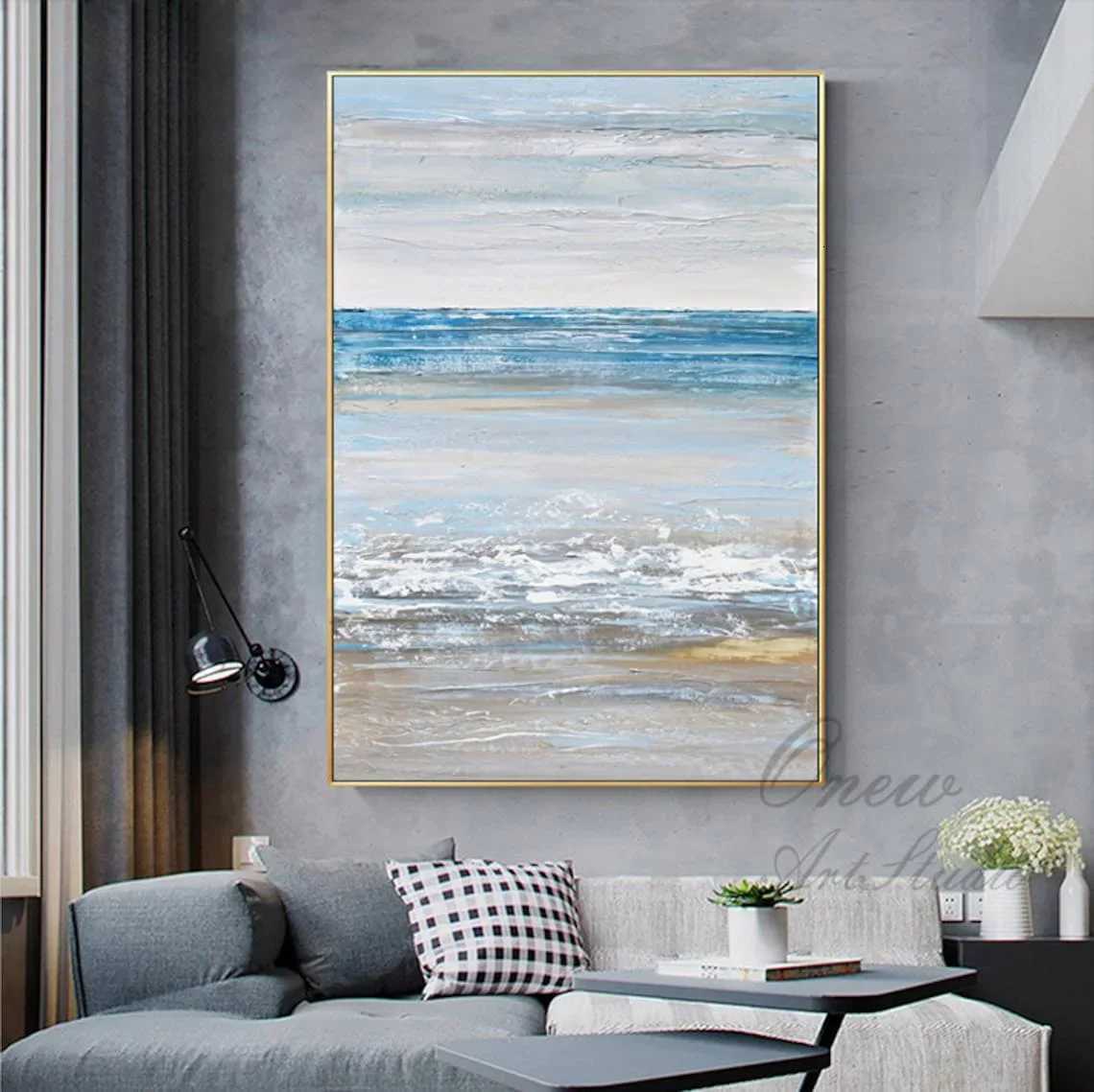 Large Sky And Ocean Abstract Canvas Art Beach Oil Painting Handmade Modern Coastal Wall Art Textured Seascape Acrylic Painting C251031