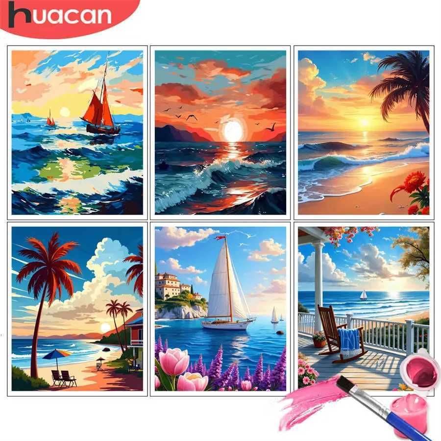 HUACAN Painting by Number Kits Sunset Sailboats Ocean Scenic Landscape Set DIY Oil Painting Scenery Artcraft Handpaint Decor C251031