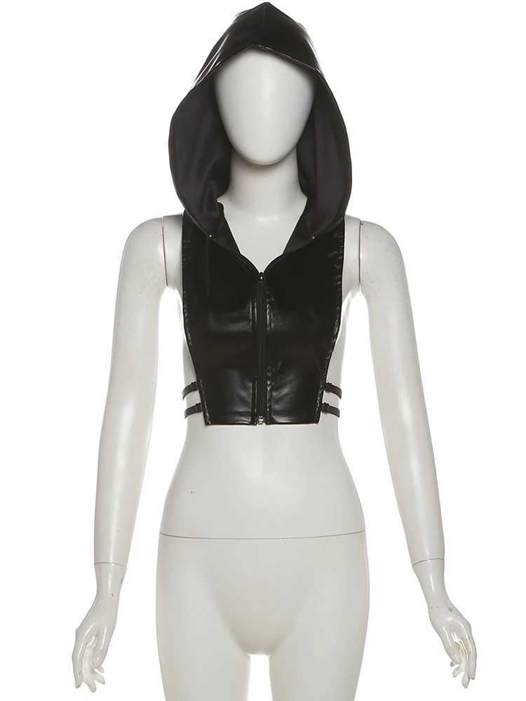 Weird Puss PU Hooded Tank Tops Women Y2K Side Split Sexy Hipster Zip Bandages Leather Hipster Strtwear Wild Basic Summer Vest C251031