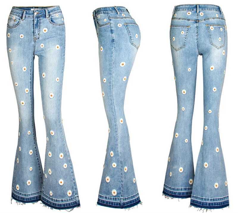 Women Daisy Embroidery Flare Jeans Push Up Denim Pants Ladies Vintage Mid Waist Street Casual Stretch Skinny Mom Jean Slim Femme J251031