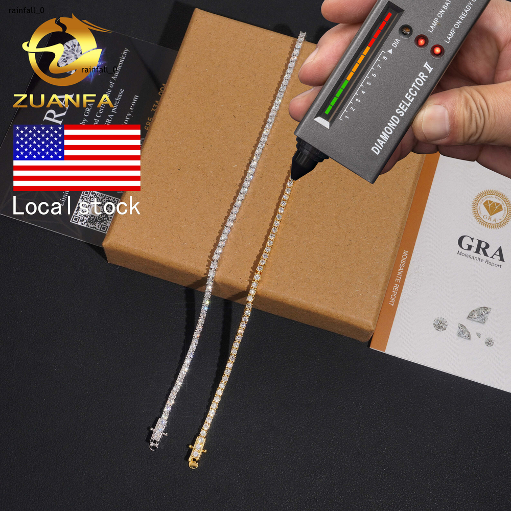 USA Local Stock Shipping Hip Hop Classical Factory Price Gold Plated 925 Sterling Silver 2mm Moissanite Diamond Tennis Bracelet