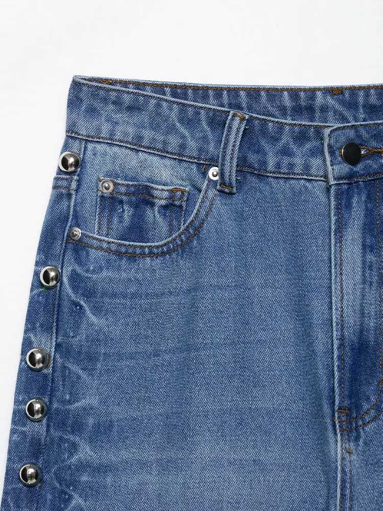 European and American style 2025 summer new womens clothing allmatch straight metal rivet decorated jeans trousers J251031