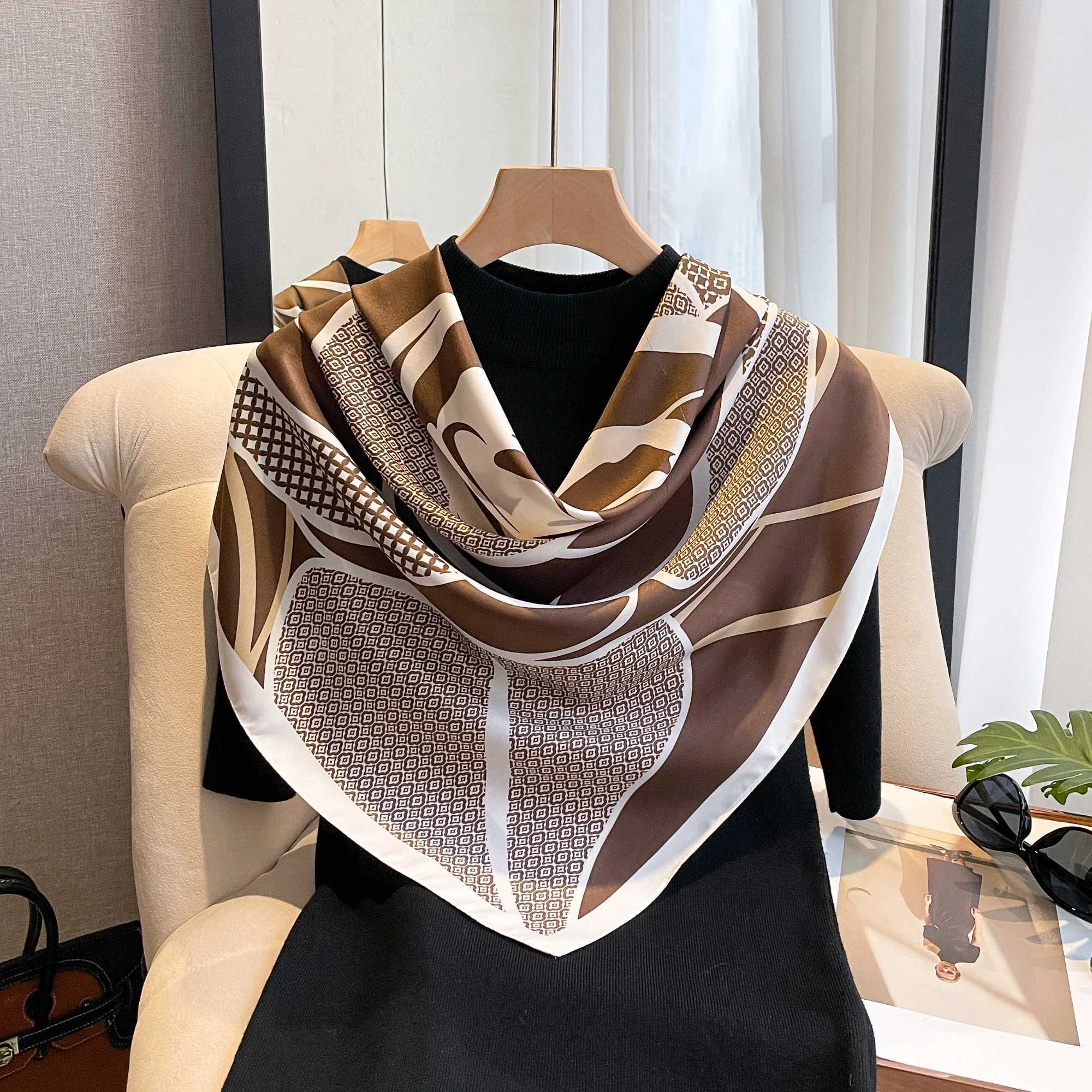 New Design Luxury 90cm Twill Silk Women Scarf Sunscreen Foulard Shawl Hijab Female Hair Hijab Wraps Neckerchief Bandanda Echarpe C251031