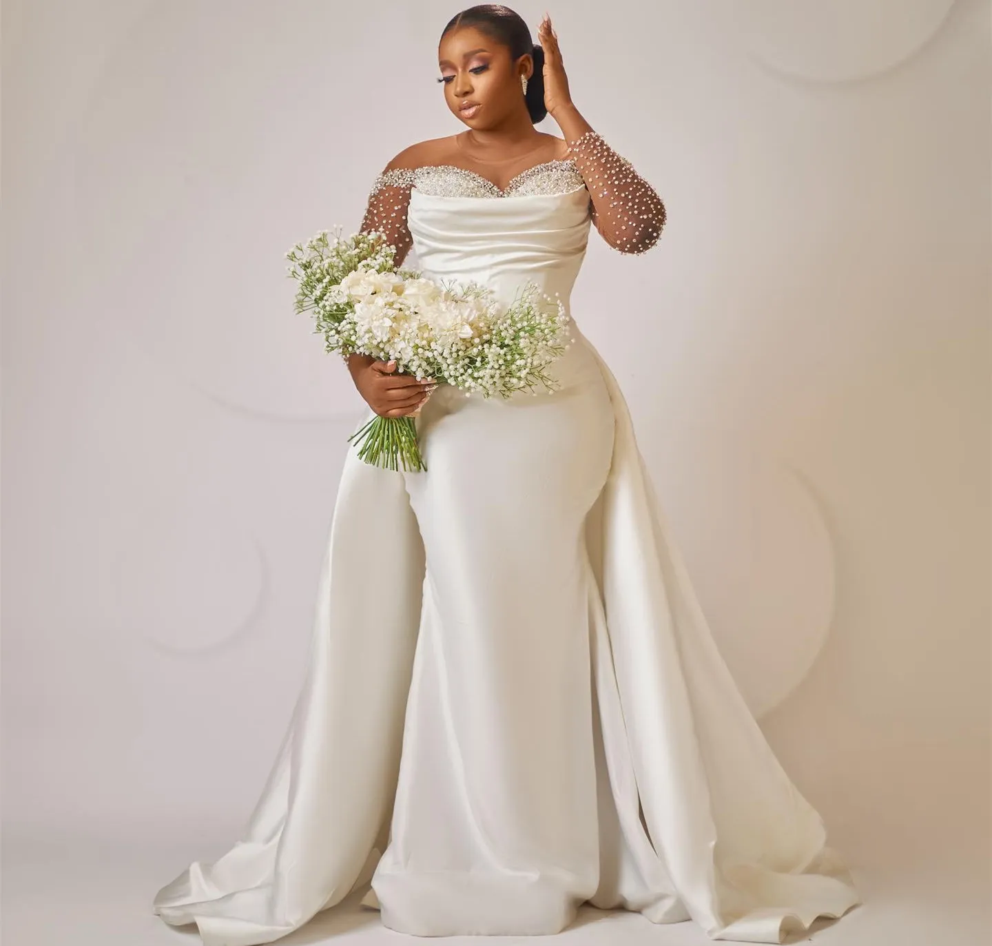 Ivory Mermaid Wedding Dresses Plus Size Beaded Crystals Detachable Train Bridal Gowns Dress