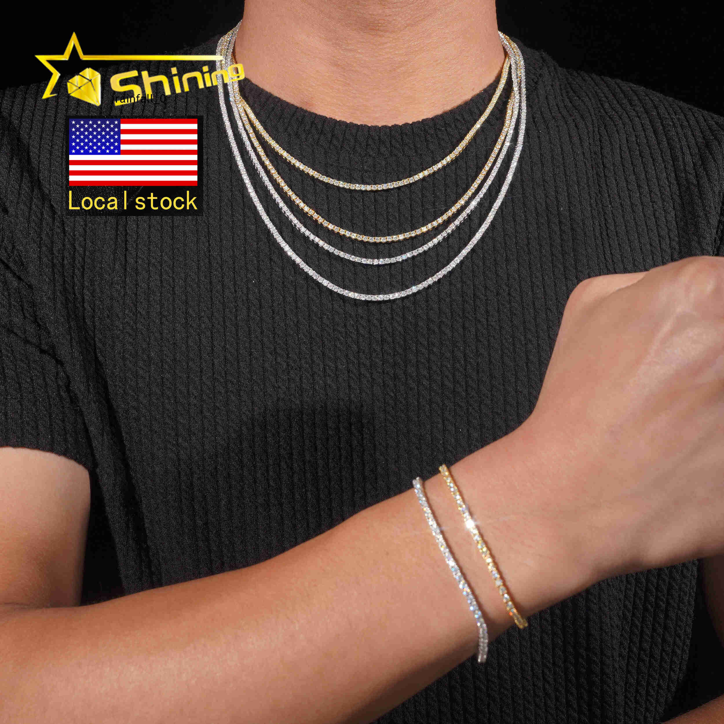 USA Warehouse Local Stock 2mm Tennis Chain 925 Solid Silver Hip Hop Iced Out GRA Moissanite Diamond Sparkling Tennis Chain