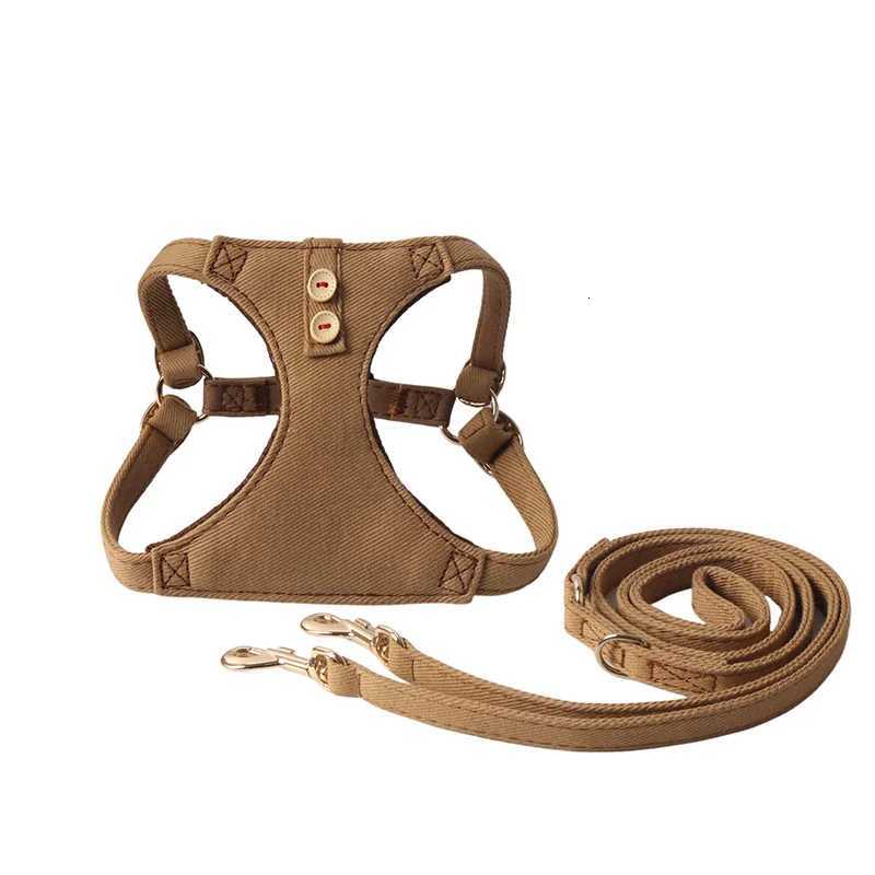 Cotton Denim Dog Harness Pet Leash Set Adjustable Breathable Chest Harness with Decorative Snaps for Small Breeds C251031
