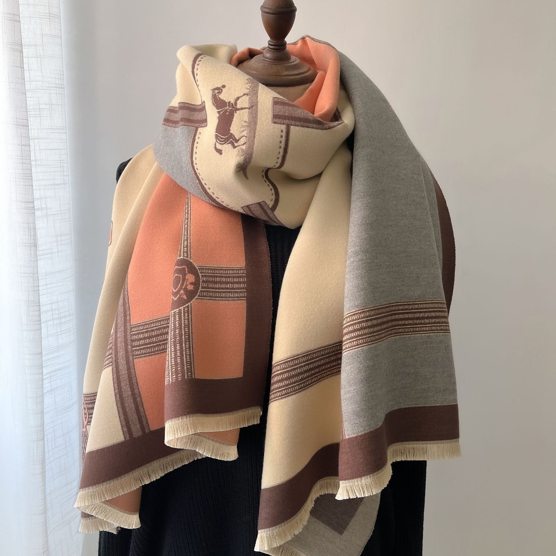 Bird Patterned Jacquard Women s Scarf Autumn And Winter Warm Thick Shawl Scarf Retro Equestrian Style Color Blocking Style Versatile Exquisite Scarf