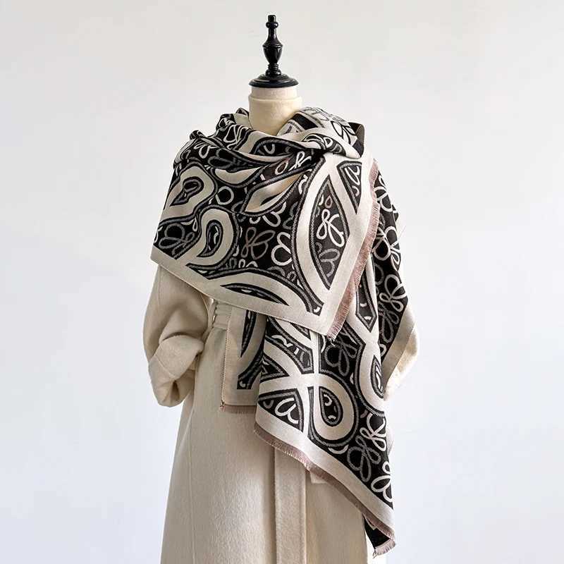 Womens Winter Luxury Thick Warm Wrap Imitation Cashmere Scarf with Abstract Jacquard Design for Casual Wear C251031