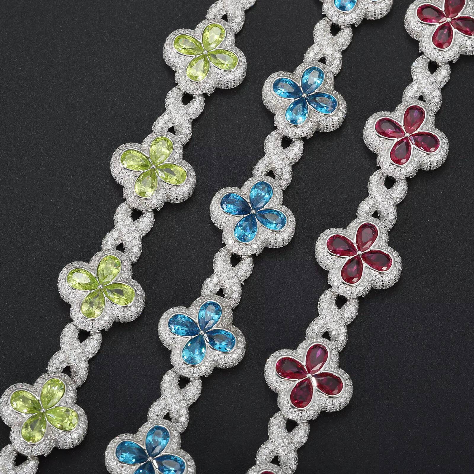 Fashion Mens Jewelry 17mm 925 Sterling Silver VVS Moissanite Diamond Colorful Iced Out Four Leaf Clover Infinity Link Bracelet